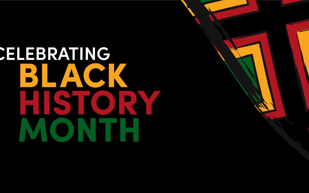 Celebrating Black History Month graphic in colors of yellow, red, and green