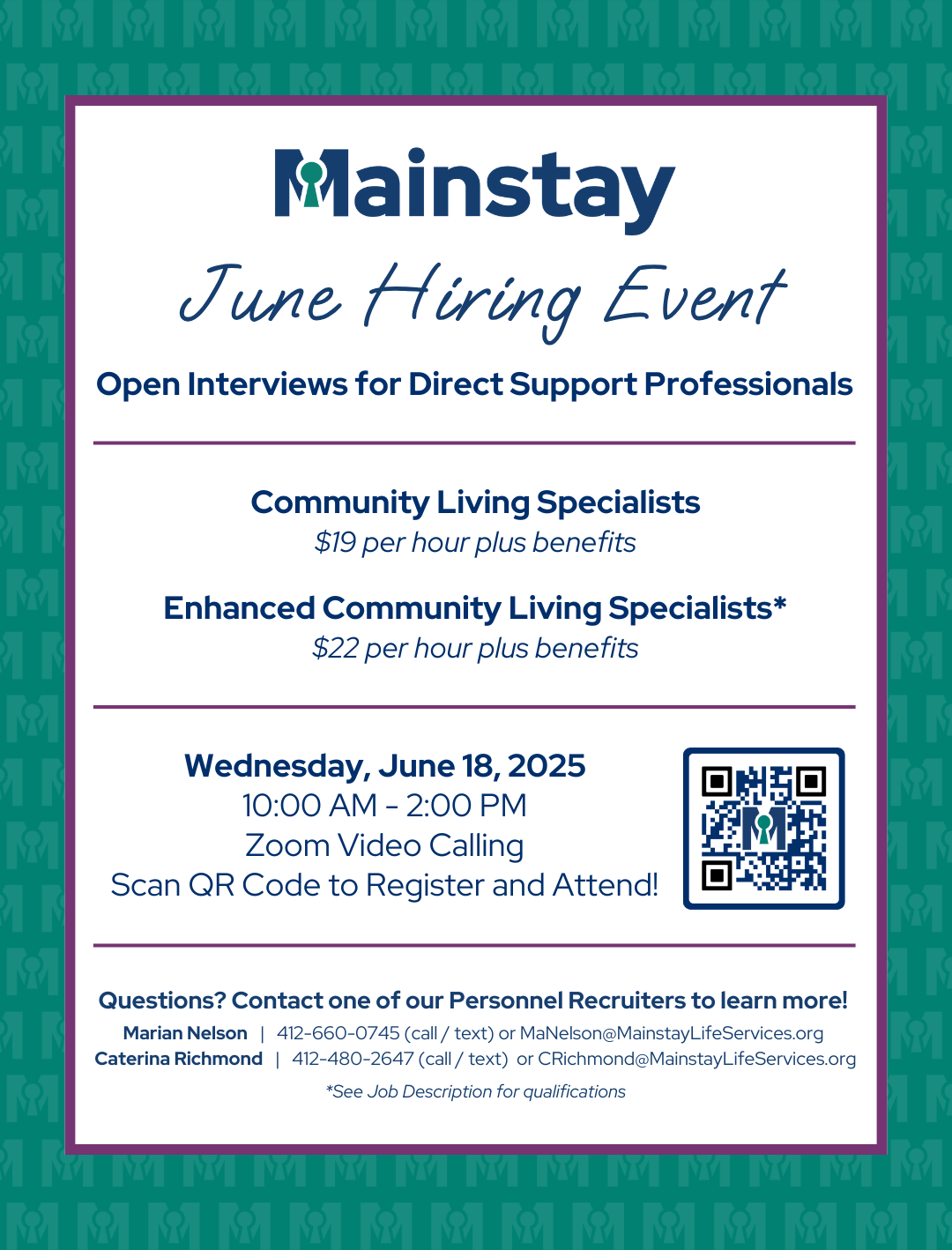June Hiring Event Hiring Event highlighting open interviews for Direct Support Professionals
