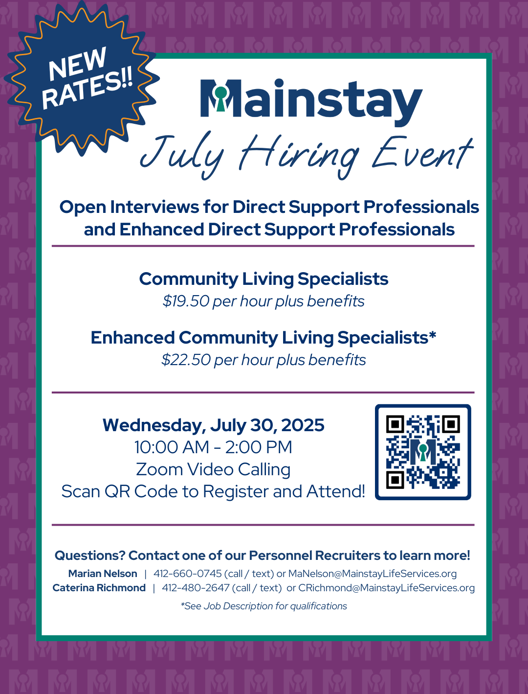 July Hiring Event Hiring Event highlighting open interviews for Direct Support Professionals